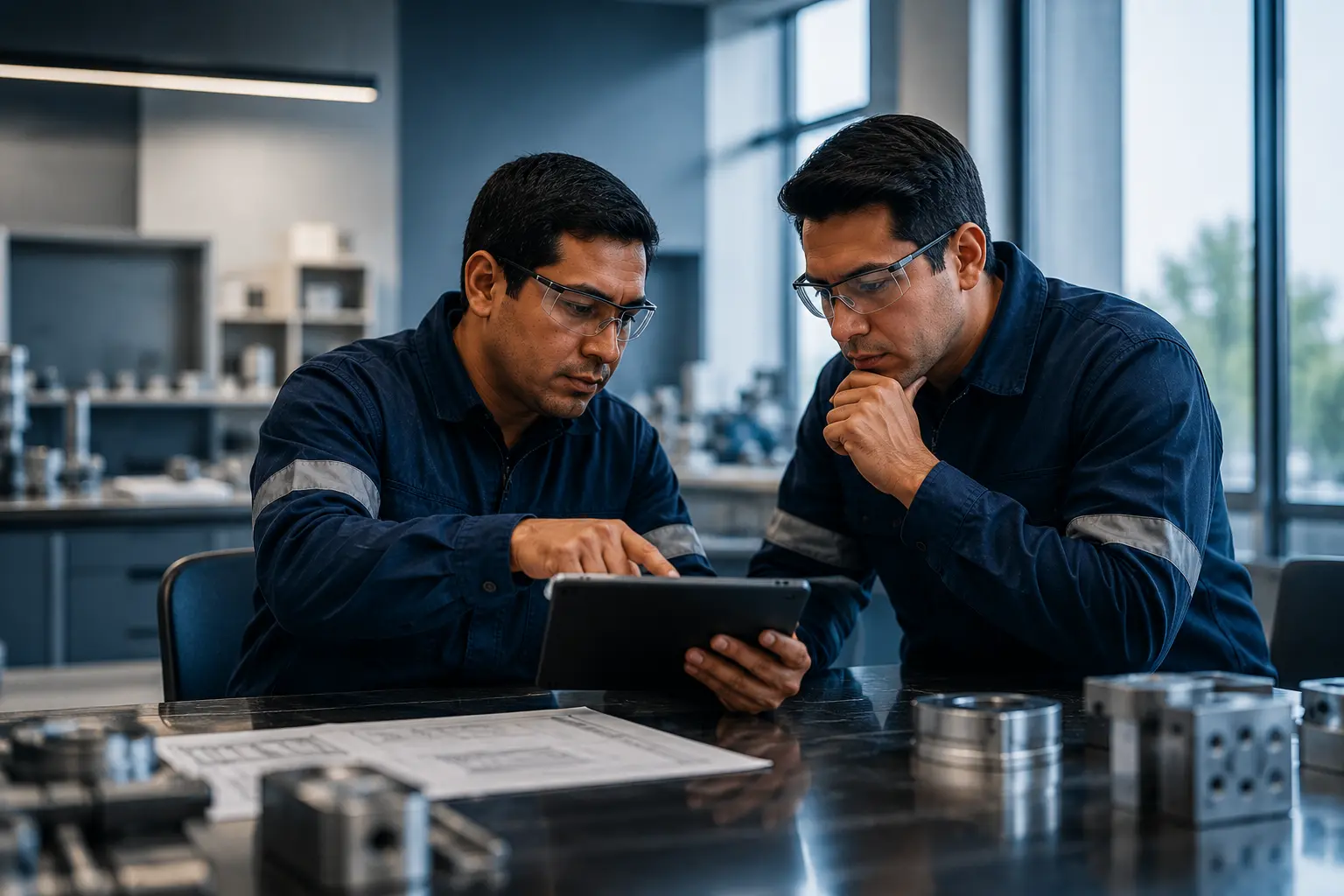 Técnico inspeccionando maquinaria minera en campo